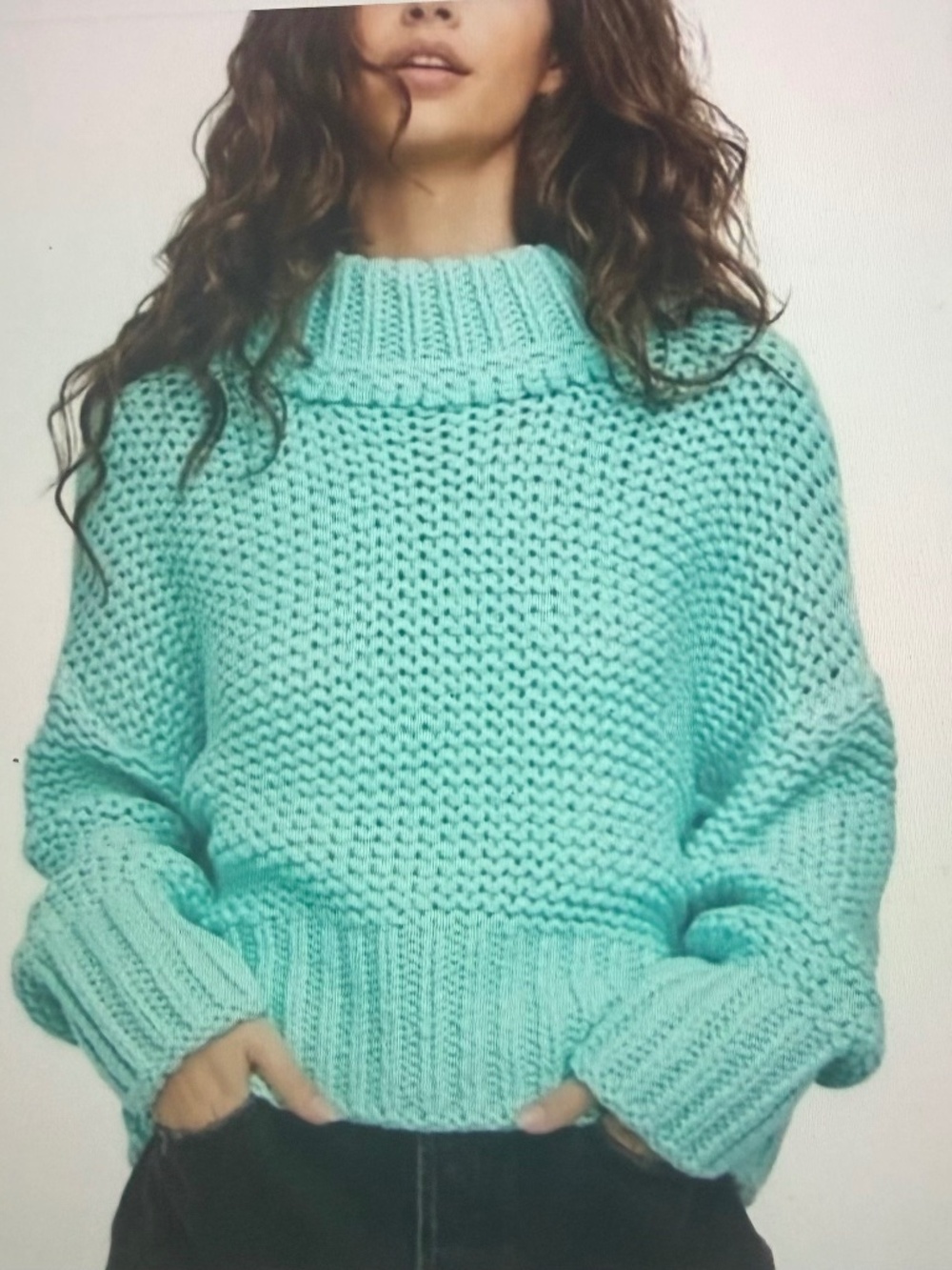 FREE PEOPLE MY ONLY SUNSHINE CHUNKY KNIT SWEATER, SIZE SMALL, AQUA